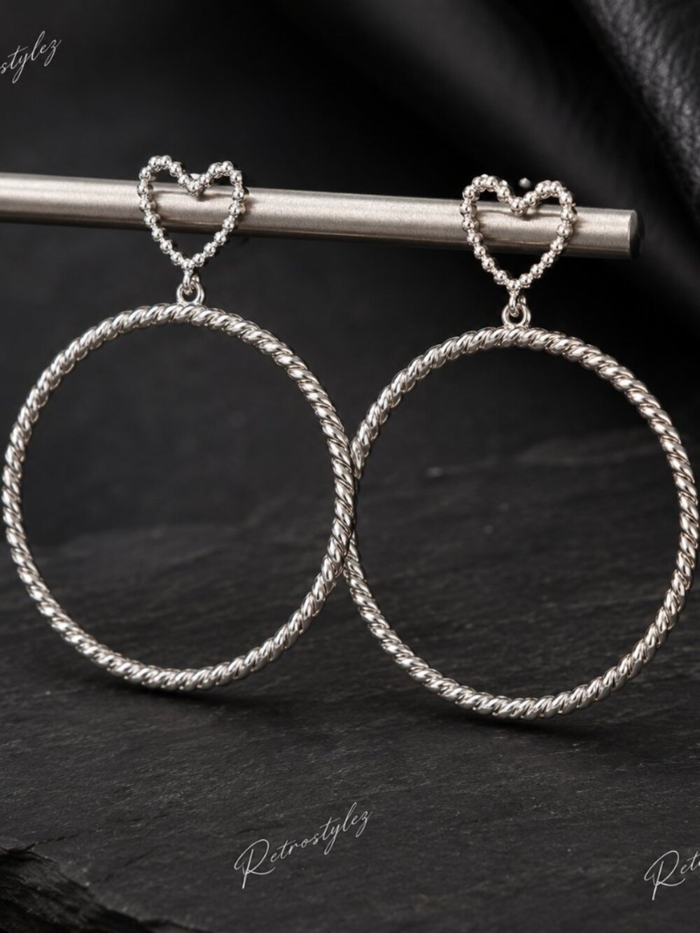18K White Gold Womens 3" Large Hanging Double Hoop Earrings 18 K Silver Jewelry